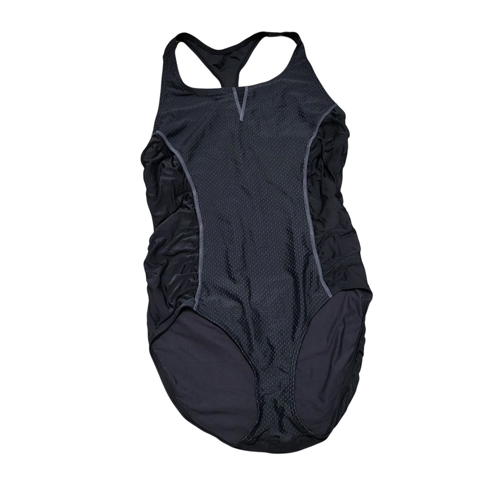 Athleta Black Racerback One Piece Swimsuit Ruched Open Racerback Womens Tall XLT